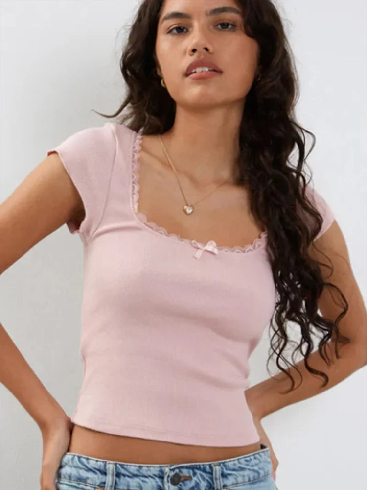 Lace Trim Baby Tee Pink
