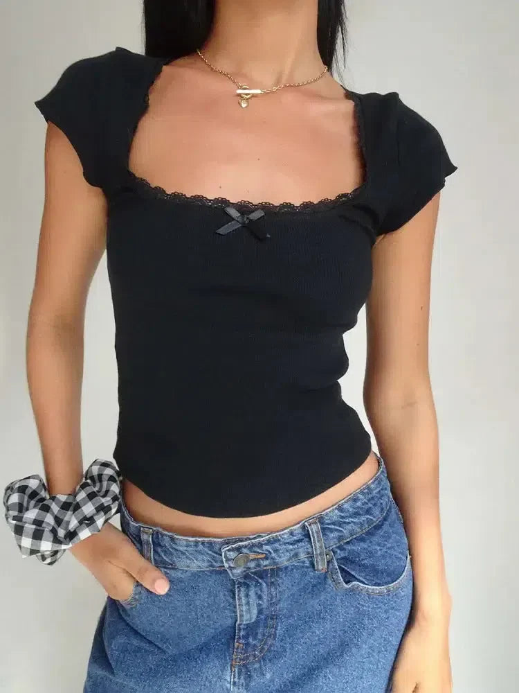 Lace Trim Baby Tee Black