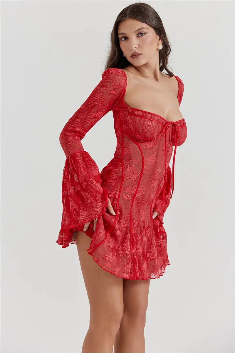 Lace Wired Cups Plunge Neck Mini Dress Red