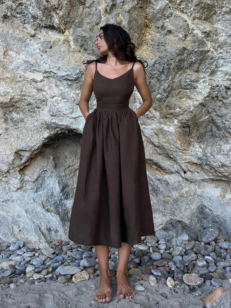 Linen Midi Dress Brown