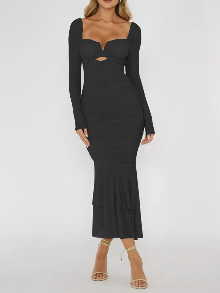 Mesh Ruched Bodycon Midi Dress Black