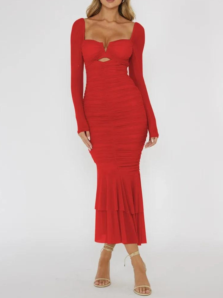 Mesh Ruched Bodycon Midi Dress Red