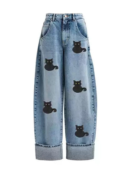 Cat print wide-leg jeans