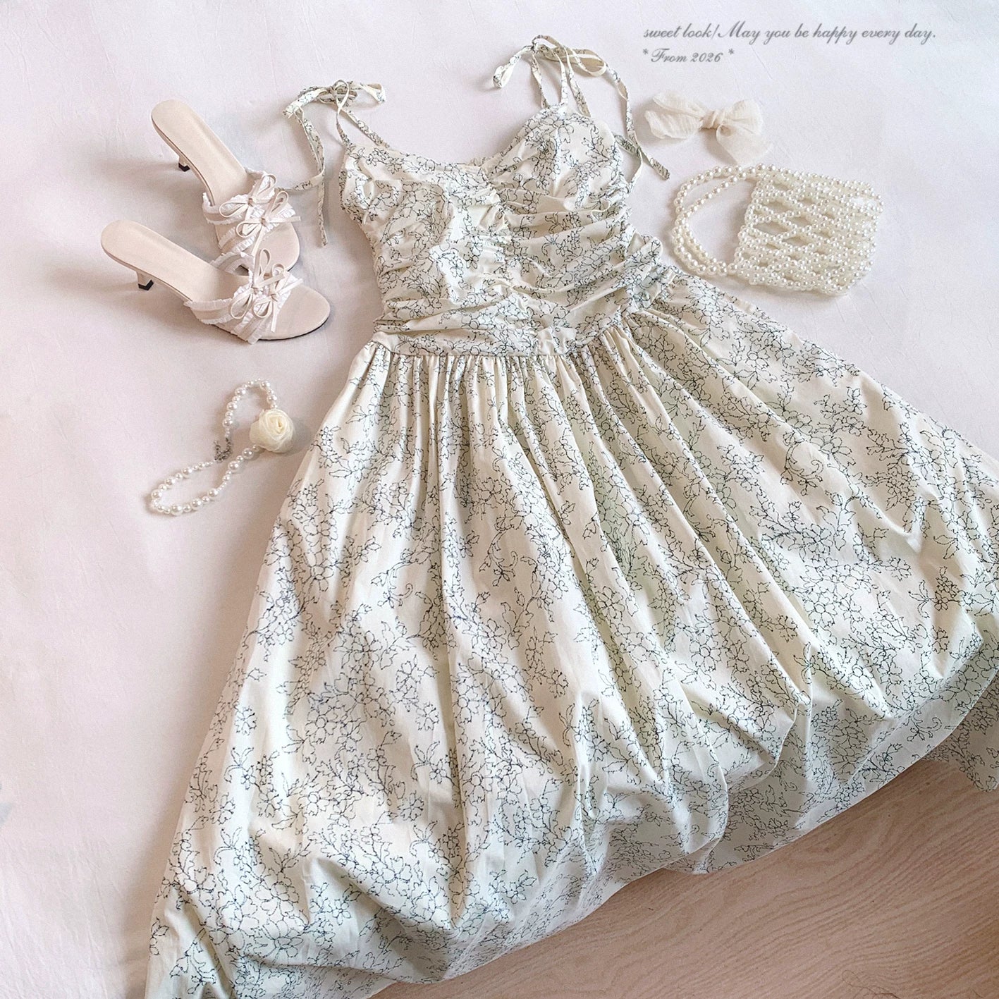 Final Stock XLXY French Vintage Floral Ruffled Smocked Waist Vacation Tie-String Flowy Cotton Slip Dress