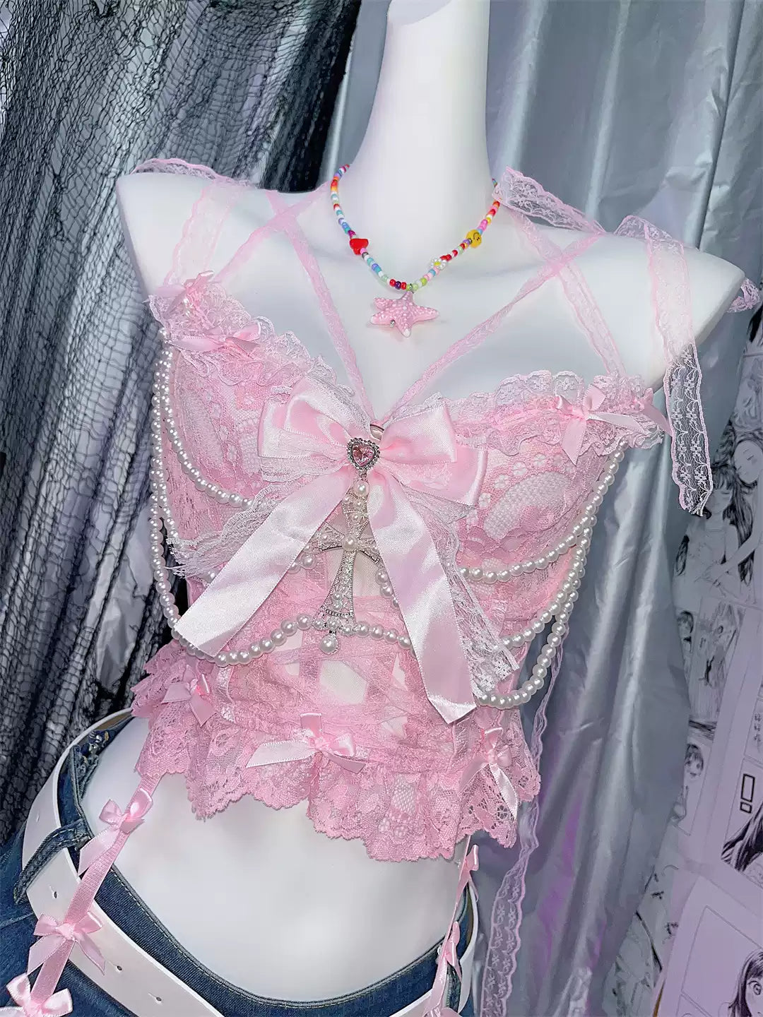 Y2K pink pearl sweet lace cross bow camisole