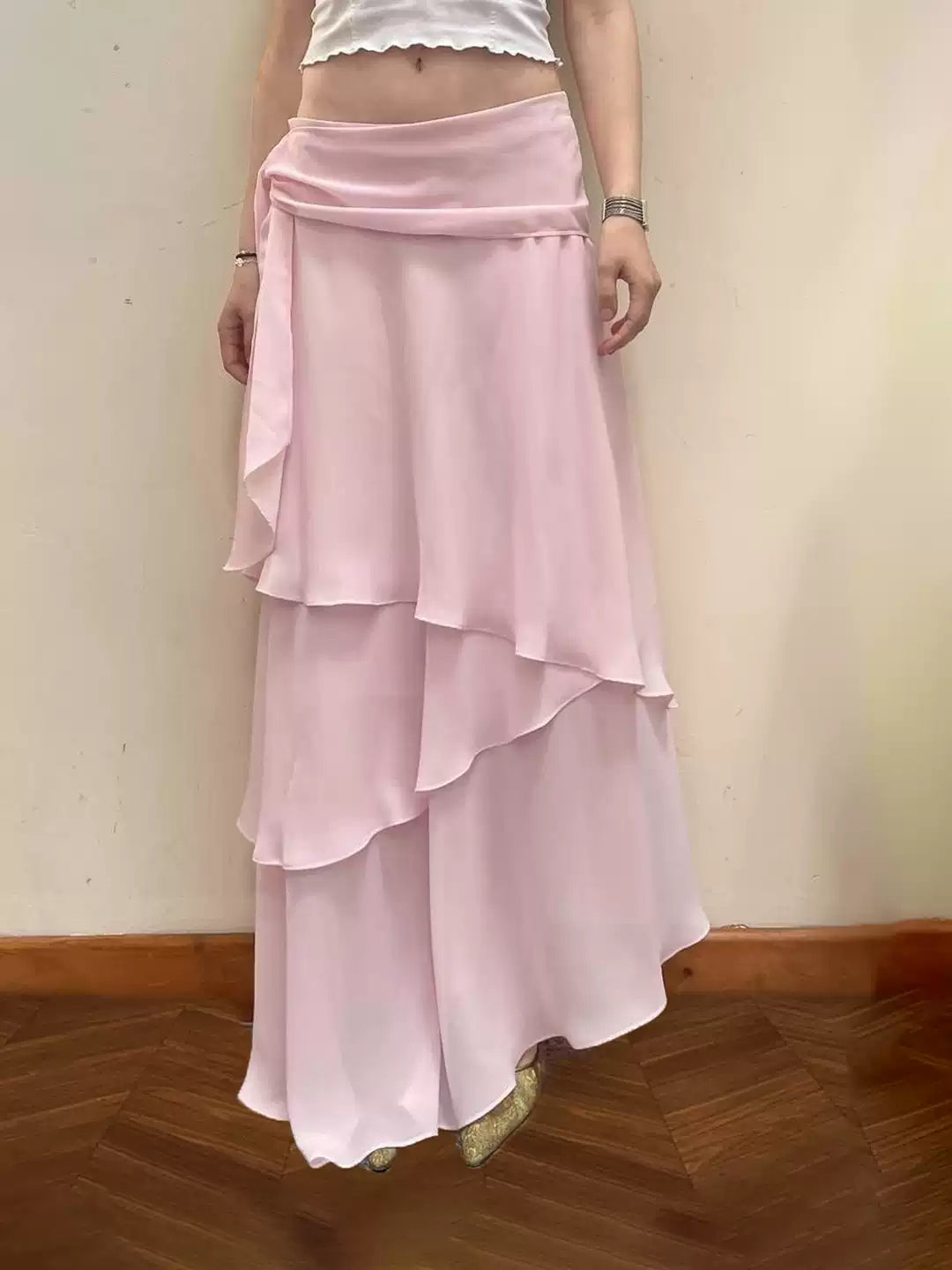 Pink Ruffled Mesh Long Skirt