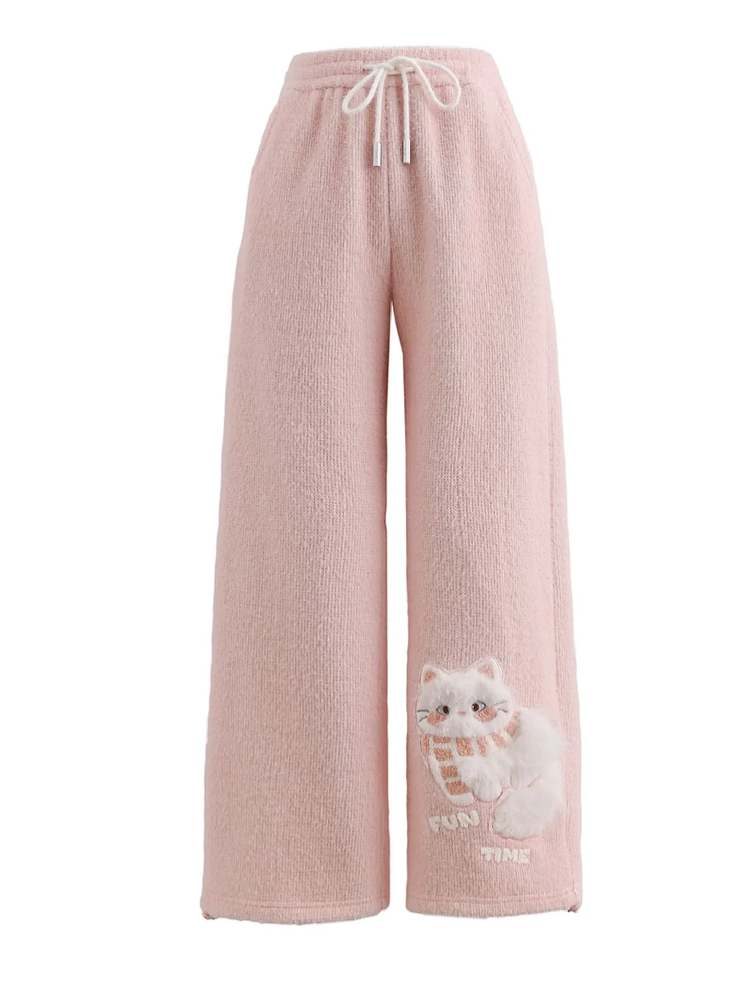 Pink Plush Cat Embroidery Pants