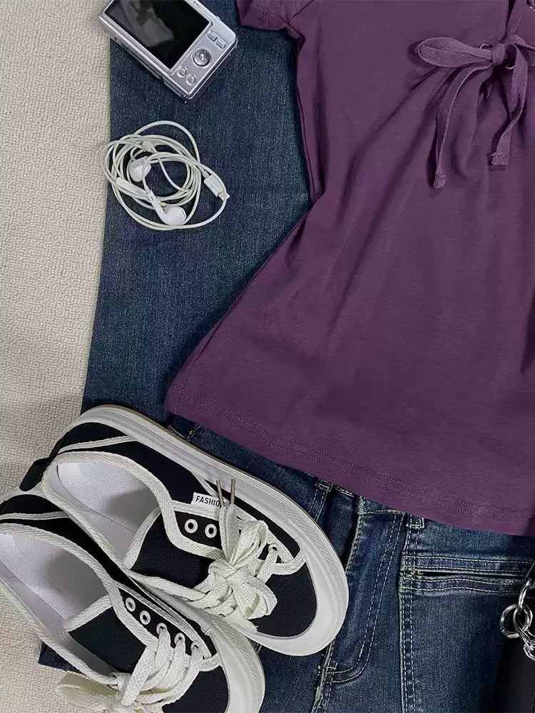 Blue V-neck straps short-sleeved shirt