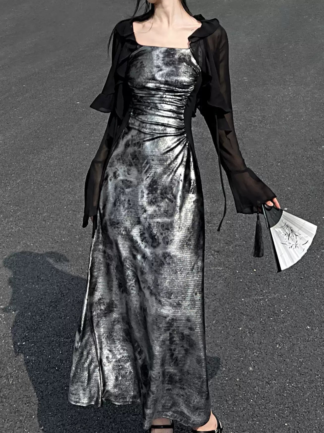 Chinese Style Shiny Silver Suspender Dress