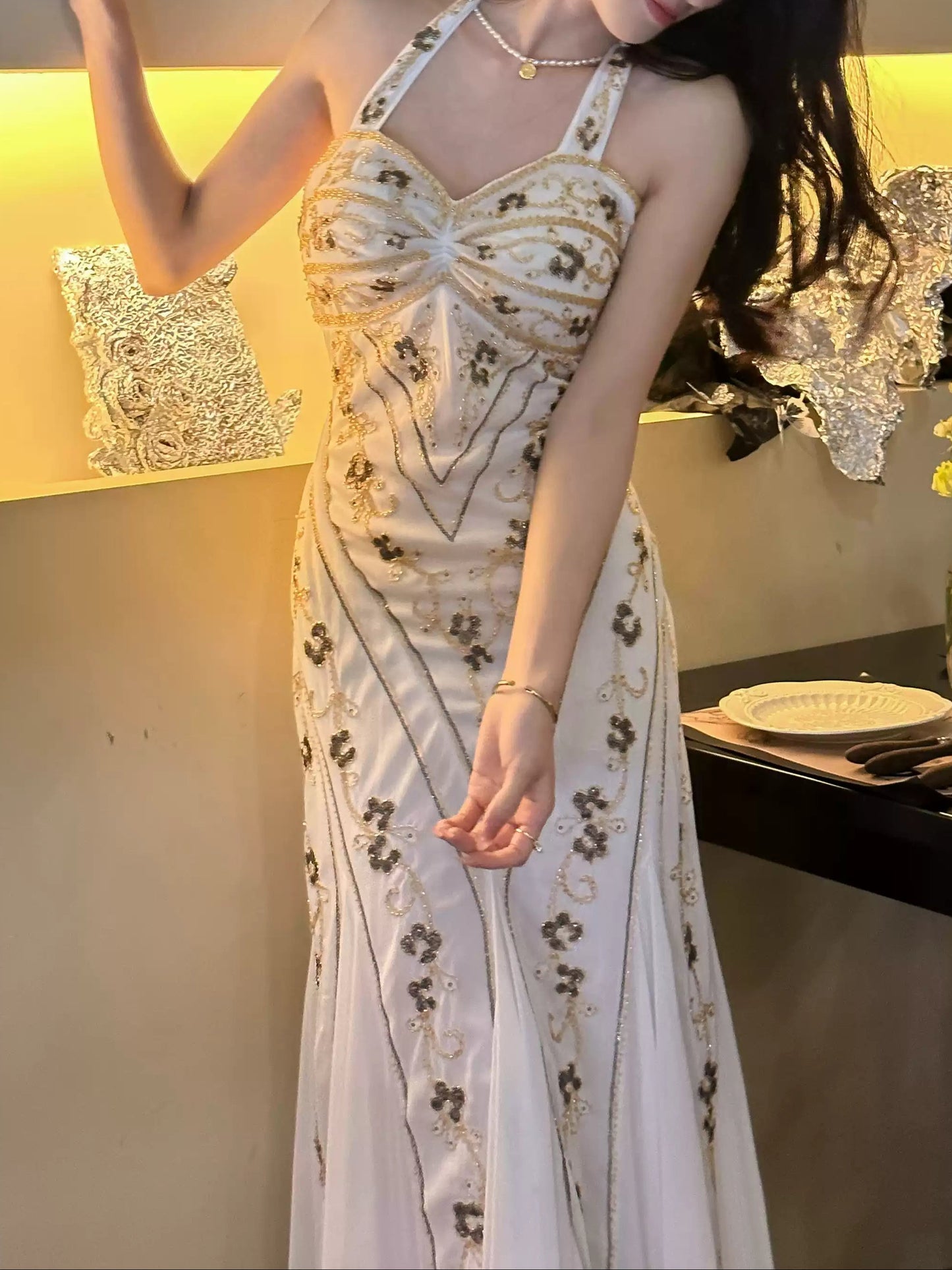 Vintage Embroidered Mermaid Backless Dress