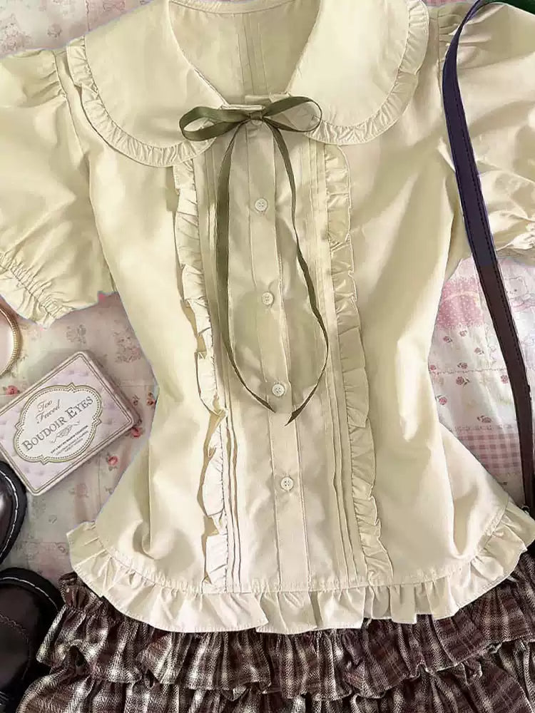 Retro Korean pink doll collar short-sleeved shirt