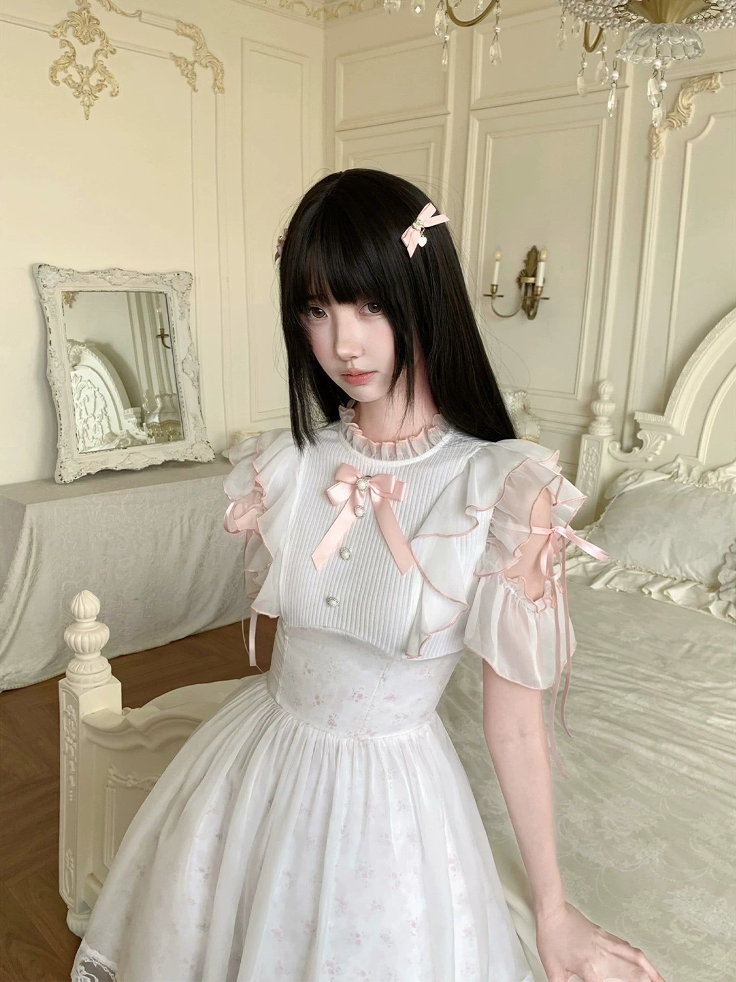 LaLa Sauce Misty Blossom Clear-Style Dreamy Floral Pearl Button-Up Dress with Pink Bow, Tiered Waist-Hugging Short Dress