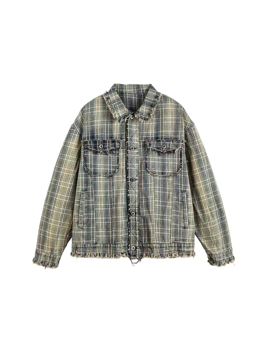 American retro washed tassel raw edge plaid jacket