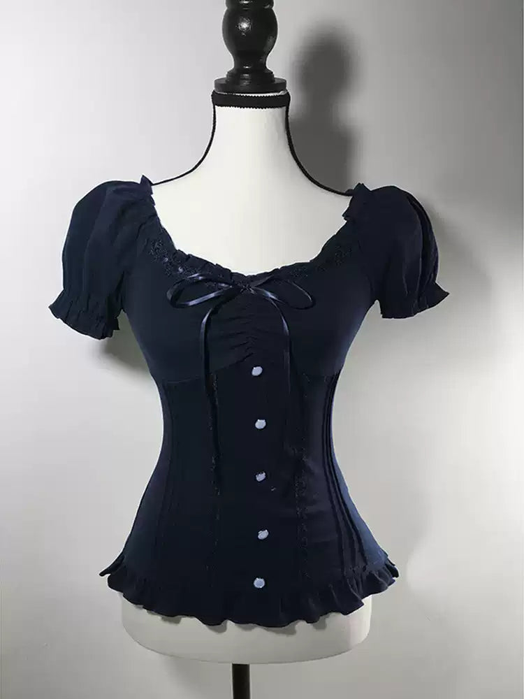 Black lace puff sleeve T-shirt