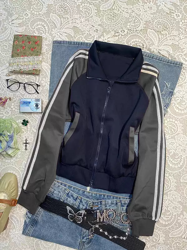 contrasting color splicing baseball jacket