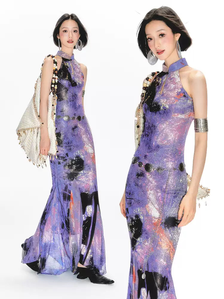 Purple Printed Halter Neck Cheongsam Dress