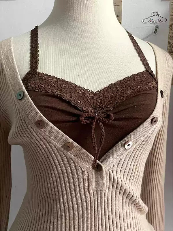 retro knitted khaki v-neck sweater