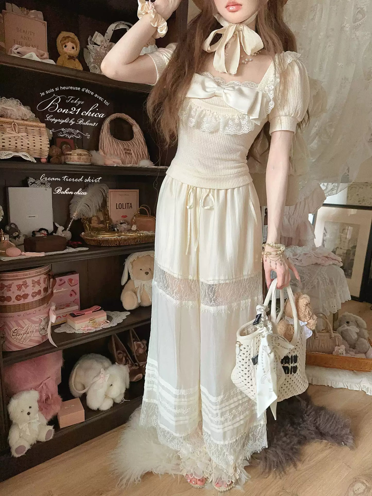 Dollete Ribbon Bow Knitted Shirt