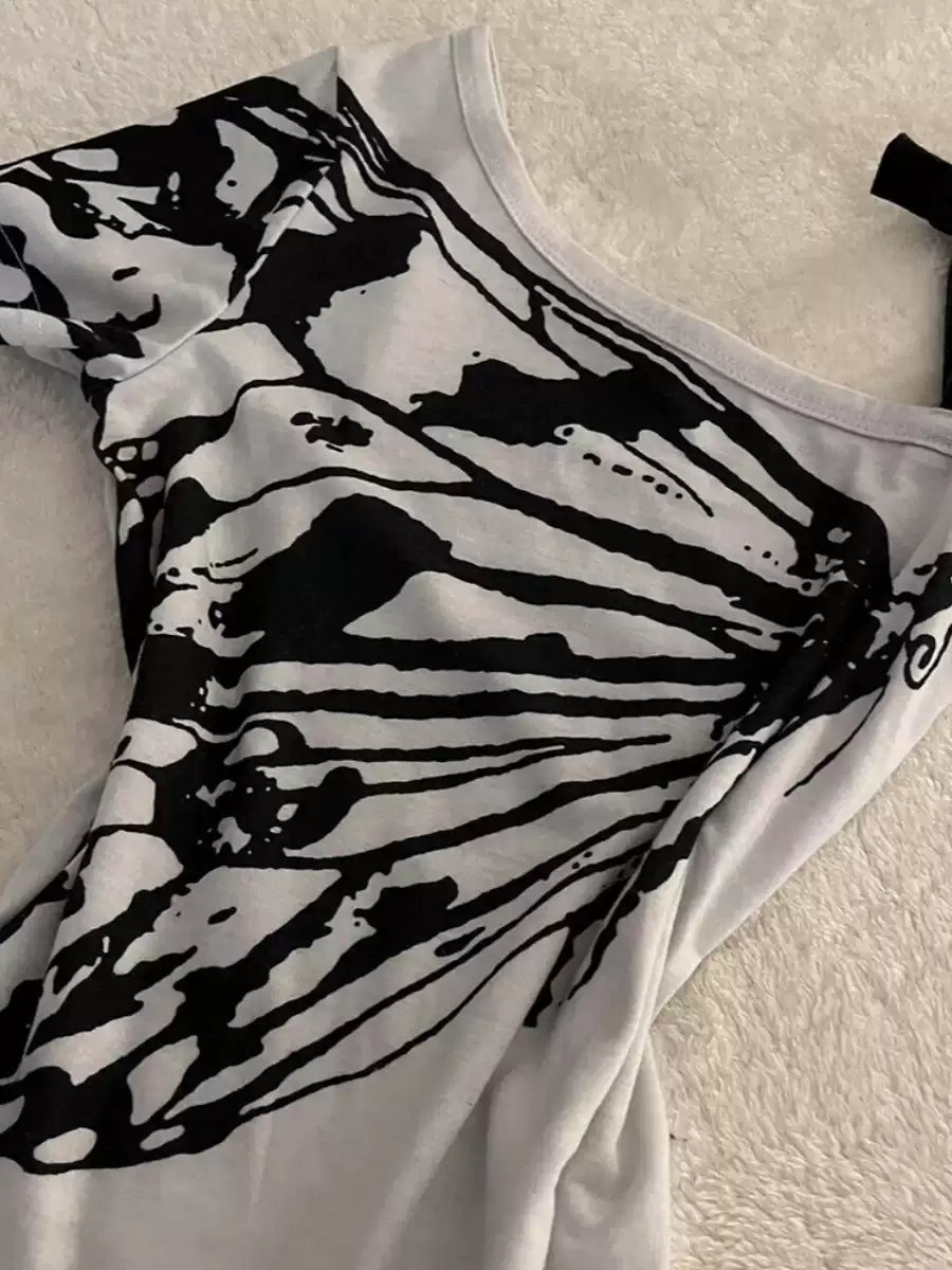 retro butterfly print one-shoulder top