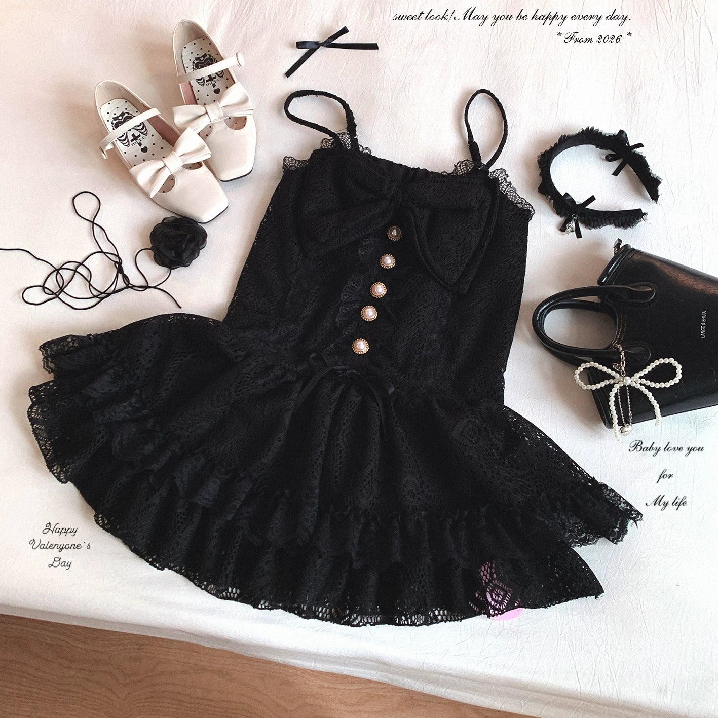 sleepingdoll Handmade* Retro Lace Sweet-and-Spicy Charm Pearl Single-Button Dress with a Big Bow