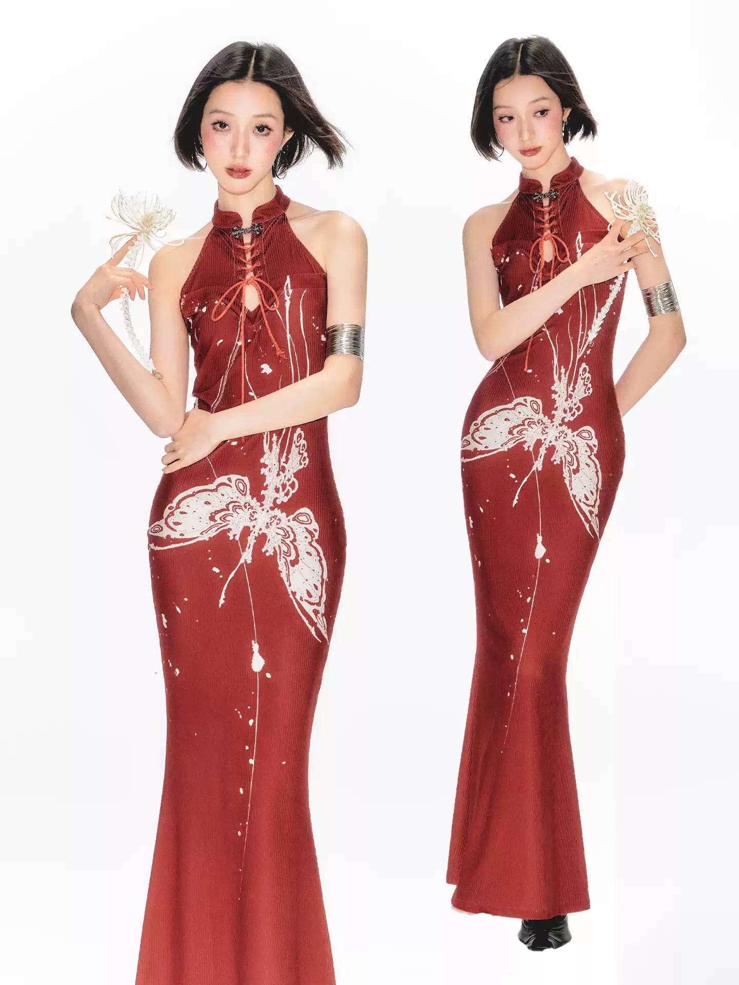 Butterfly & Snake Print Cheongsam Dress