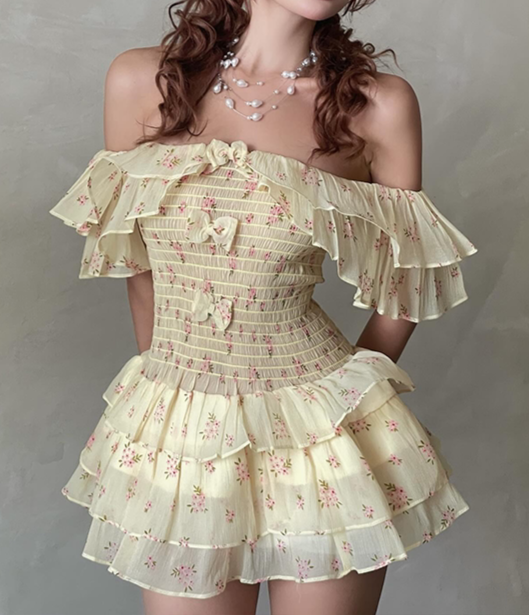 Yellow Floral Ruffled Off-shoulder Dress