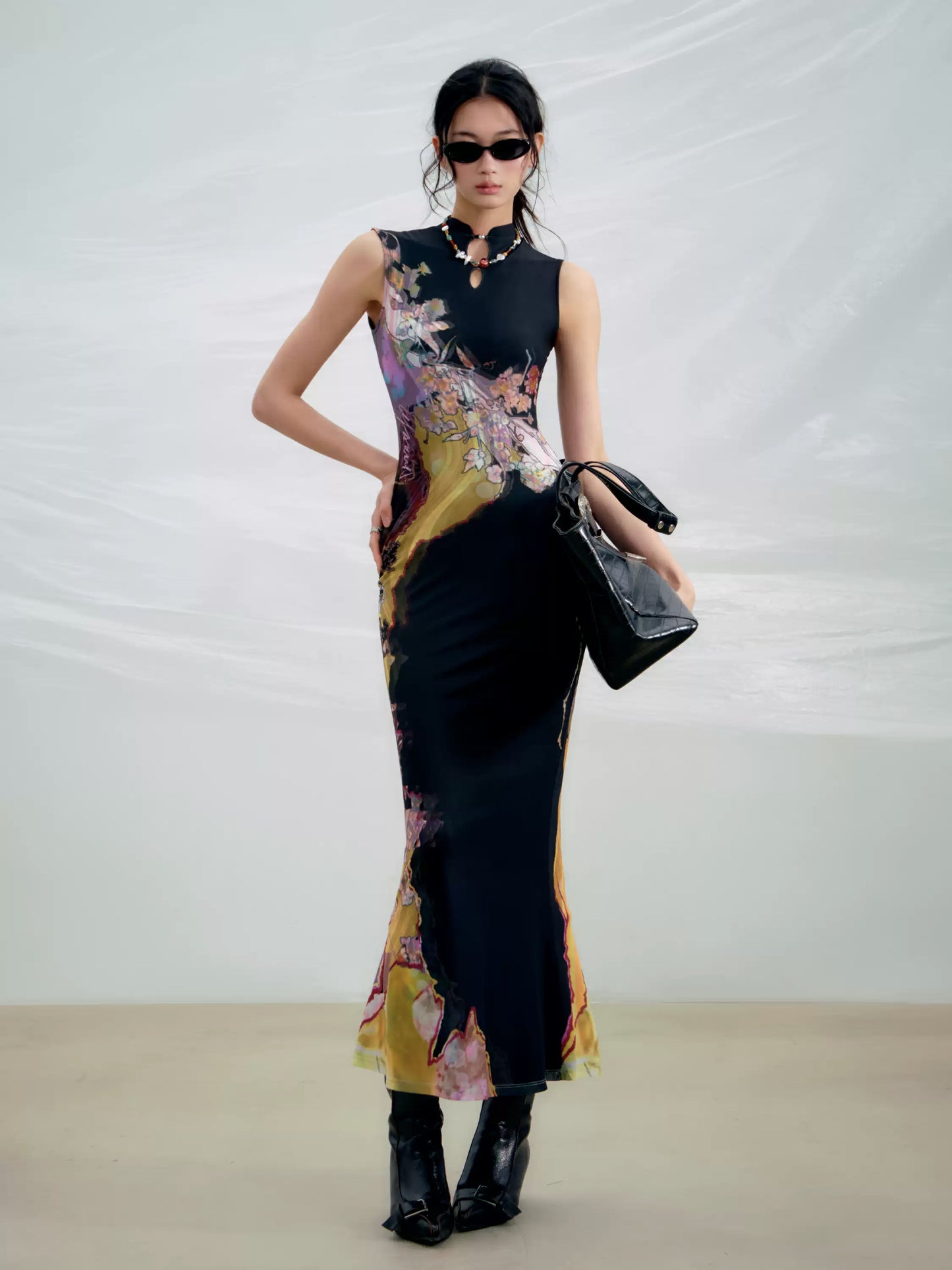 Chinese Print Cheongsam Dress