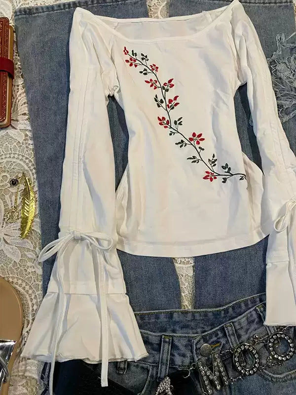 White round neck drawstring strap long-sleeved Top