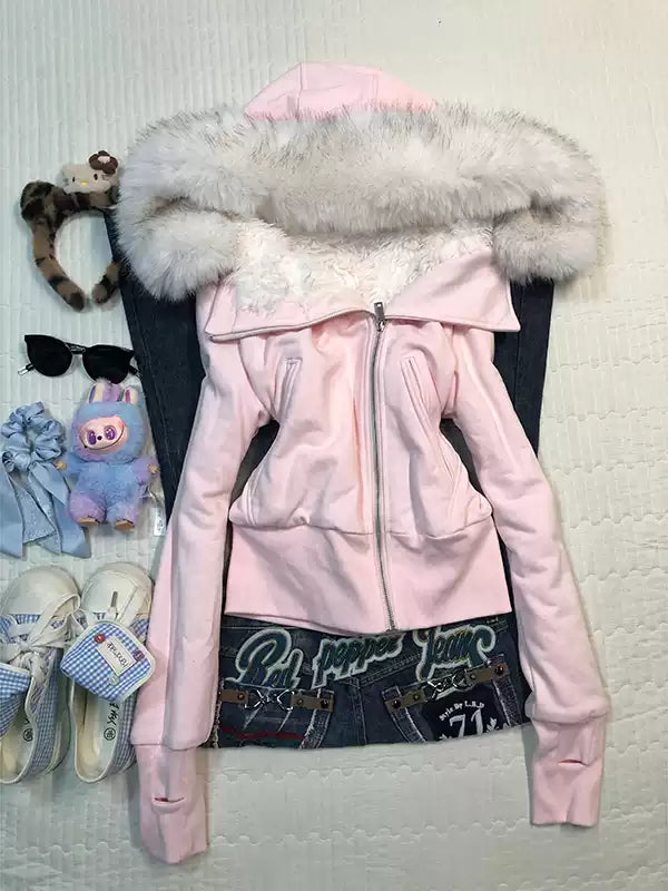 Pink hooded fur collar sweatshirt jacket