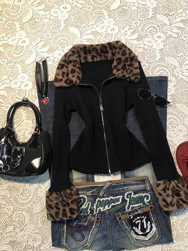 leopard print fur collar knitted cardigan jacket