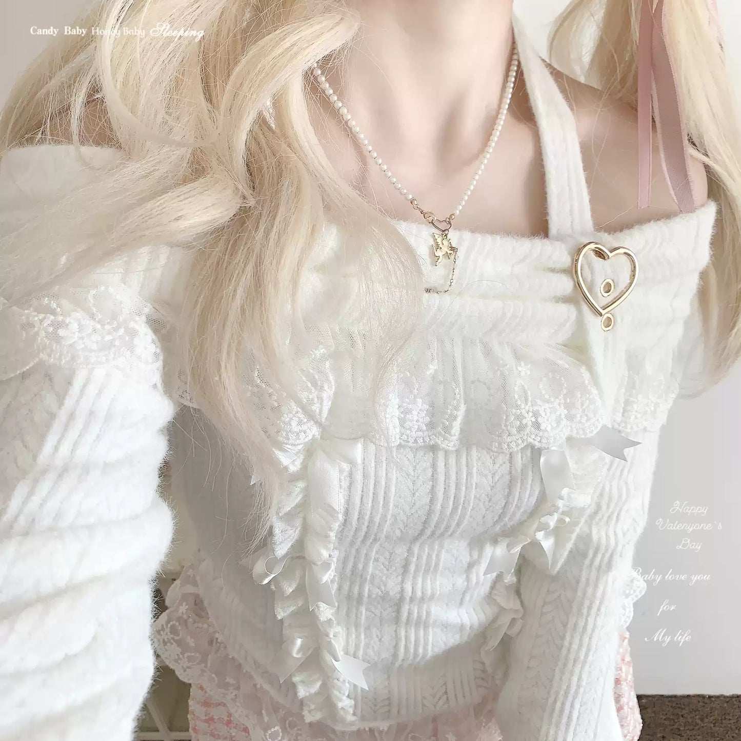 One-shoulder Love Button Halter Neck Lace Long Sleeve Top