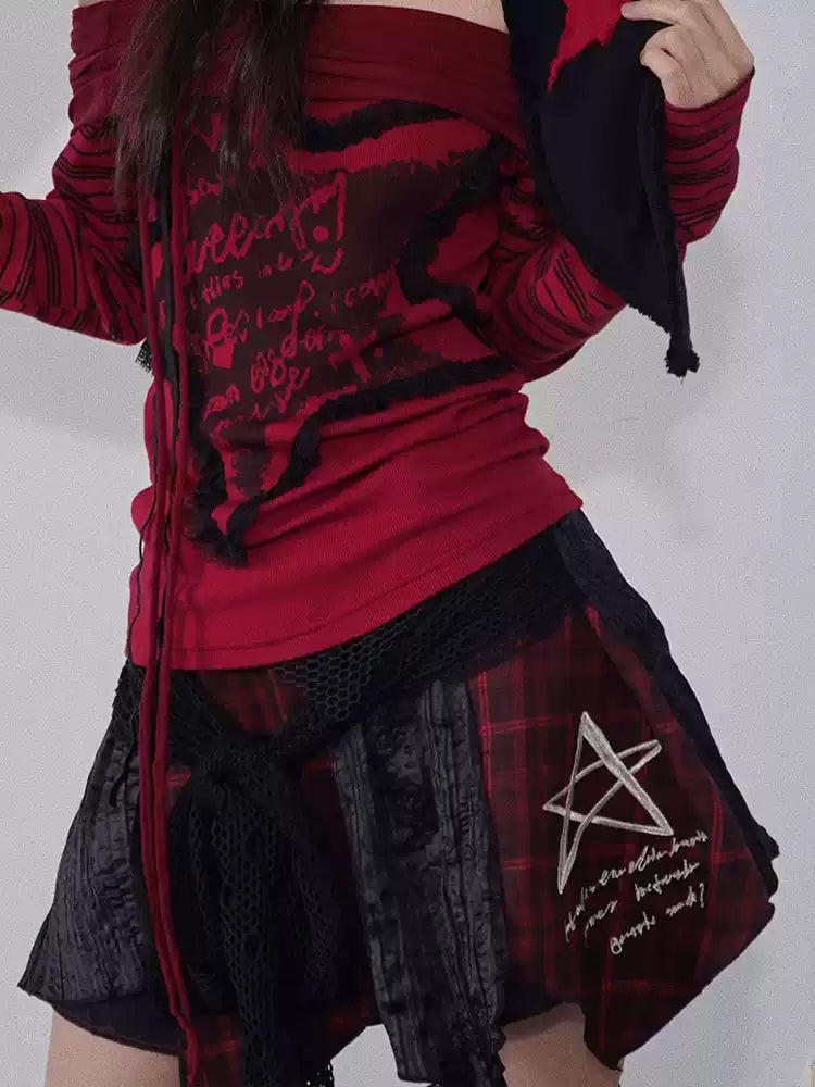 Red and black spliced irregular plaid skirt
