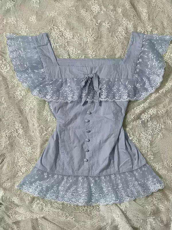 mint green lace patchwork square neck top