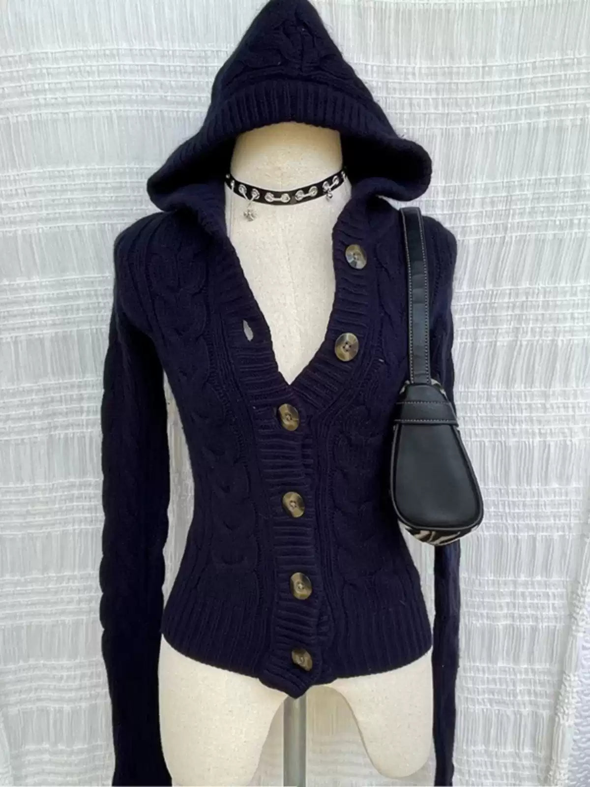 Navy blue hooded twist sweater jacket