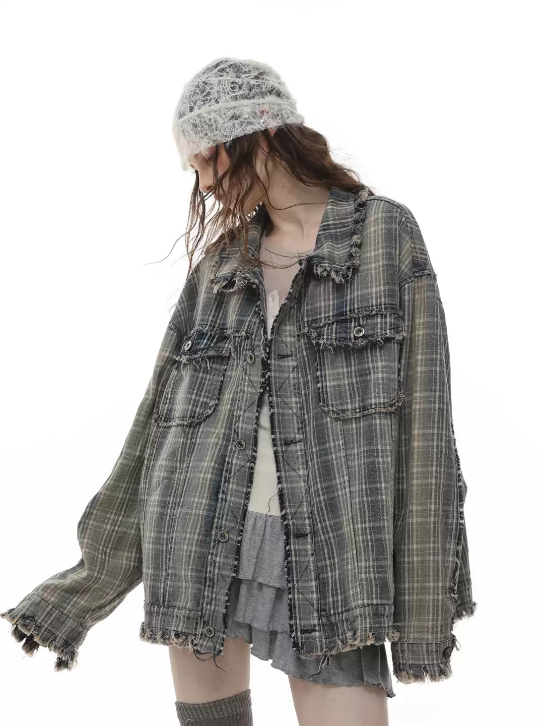 American retro washed tassel raw edge plaid jacket