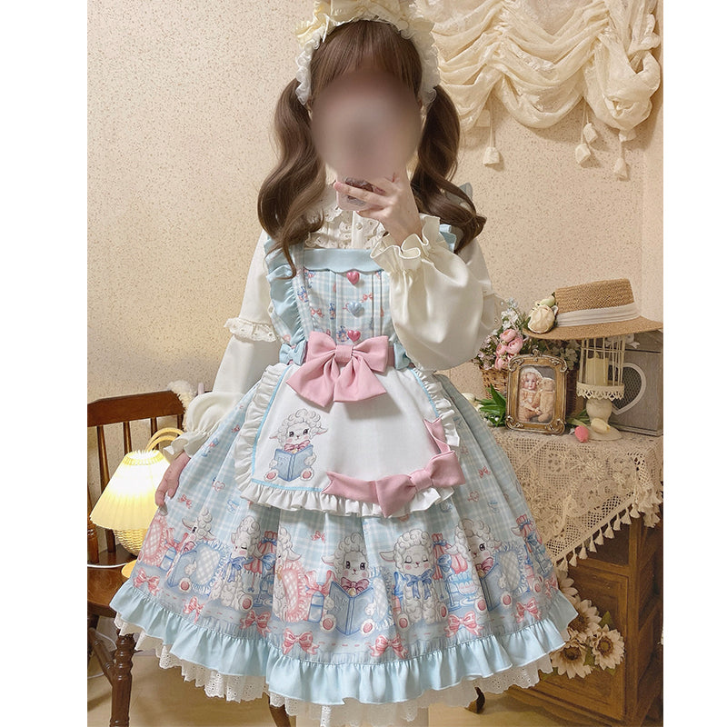 Kawaii Lolita JSK blue dress+apron+side clip