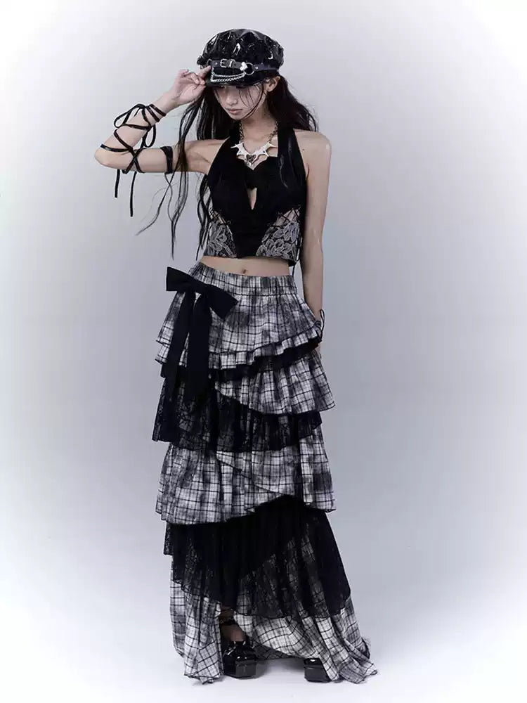 dark coquette lace splicing plaid cake multi-layer irregular long skirt