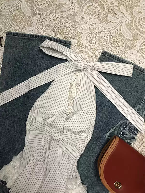 White Striped Bow Halter Top
