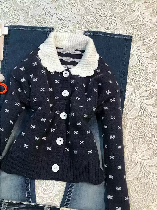 Navy Lapel Knitted Cardigan Jacket
