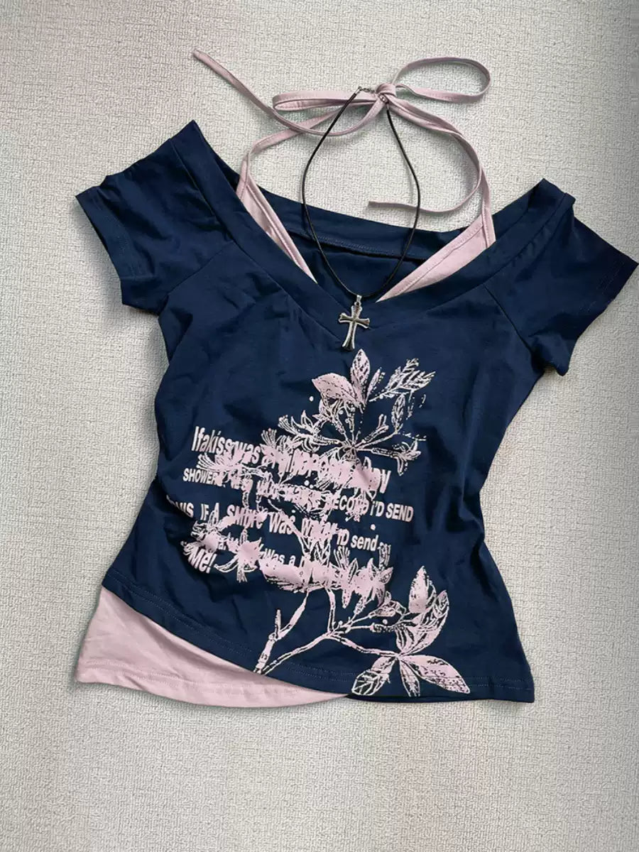 Blue off-shoulder short-sleeved T-shirt
