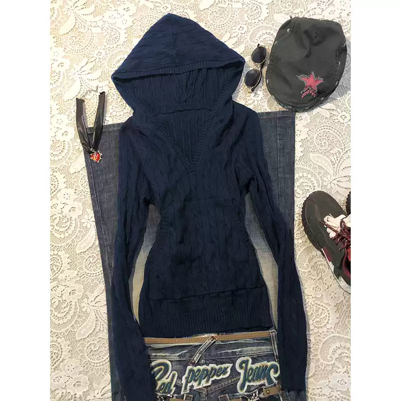 Navy hooded twist sweater