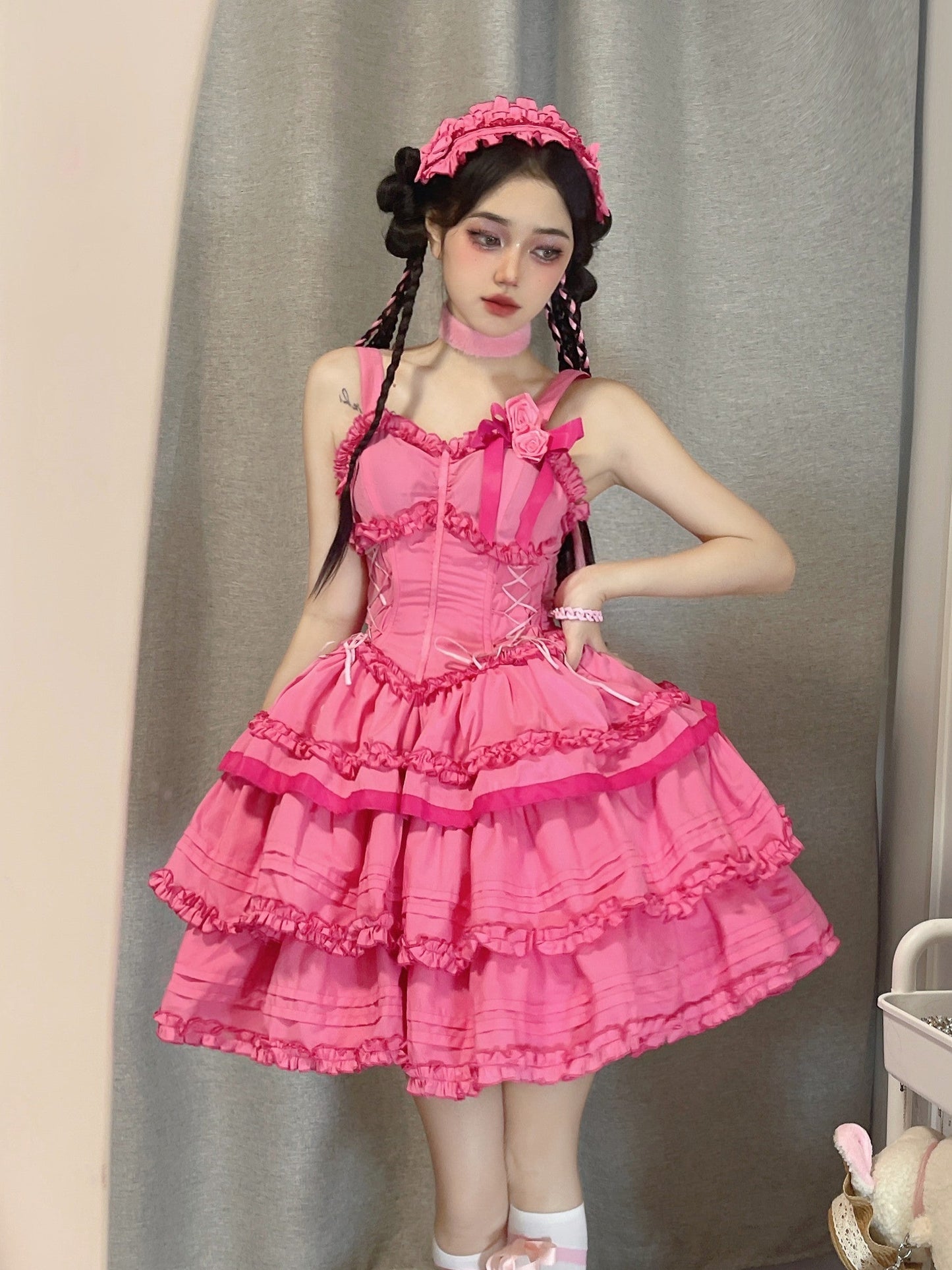 Gothic Lolita JSK Dress Christmas Short Sleeve Bolero rose pink dress only