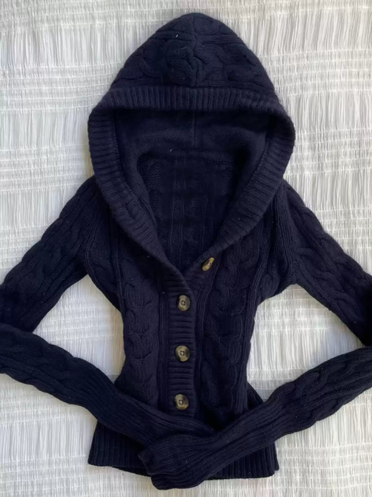 Navy blue hooded twist sweater jacket