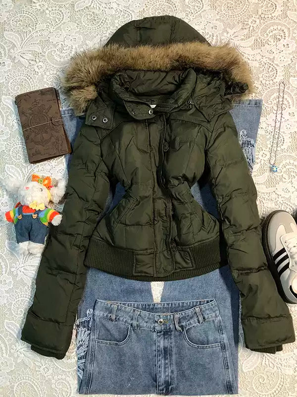 green fur collar hooded cotton jacket