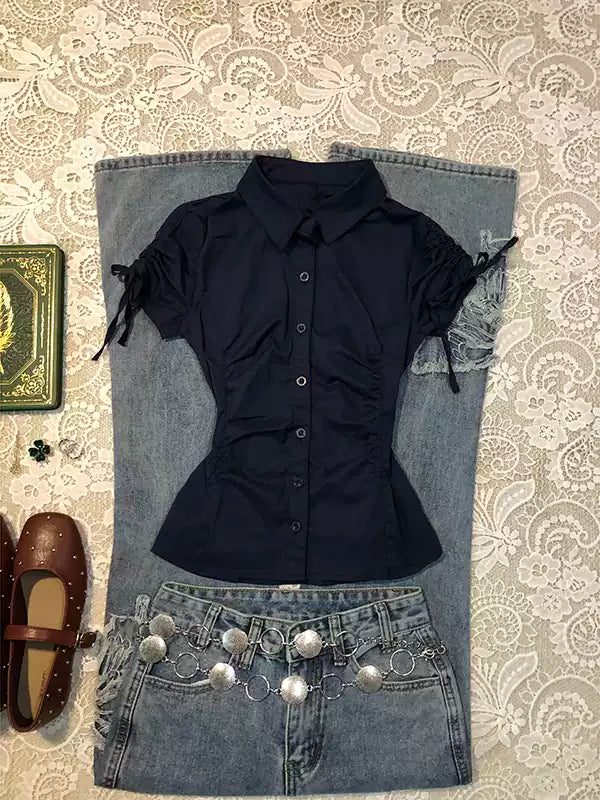 blue waisted short-sleeved shirt