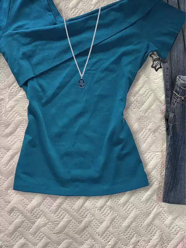 Retro blue irregular v-neck T-shirt