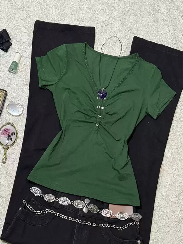 blue waisted V-neck T-shirt
