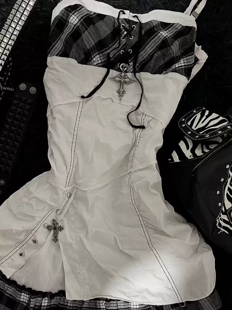 Retro Black Plaid Suspender Dress