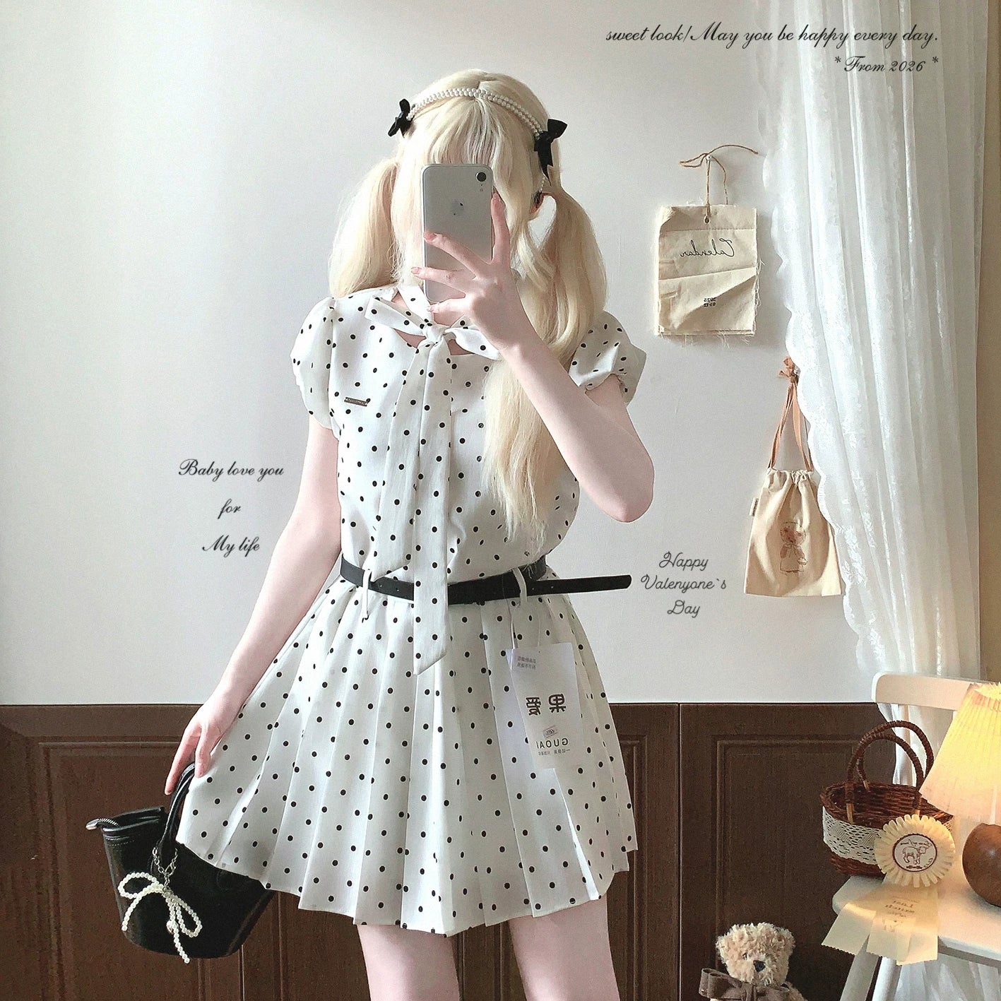 Last-Season Special Grey Retro Polka Dot Sweet Puff Sleeve Bowknot Pleated Midi Dress