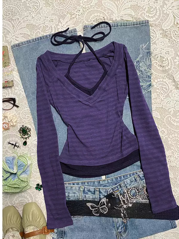 Purple halterneck short-sleeved Top